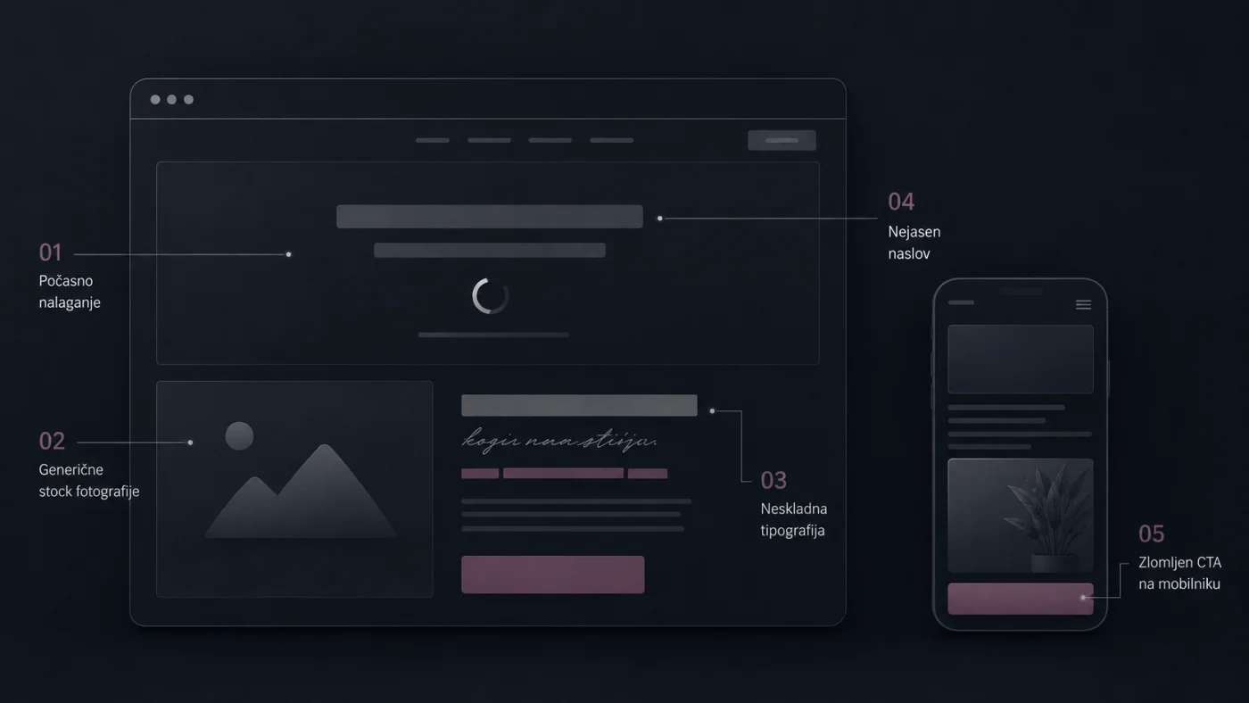 Diagrammed wireframe pointing to the 5 elements that quietly kill a website's first impression: slow loading, generic stock photography, inconsistent typography, an unclear headline, and a broken mobile CTA.
